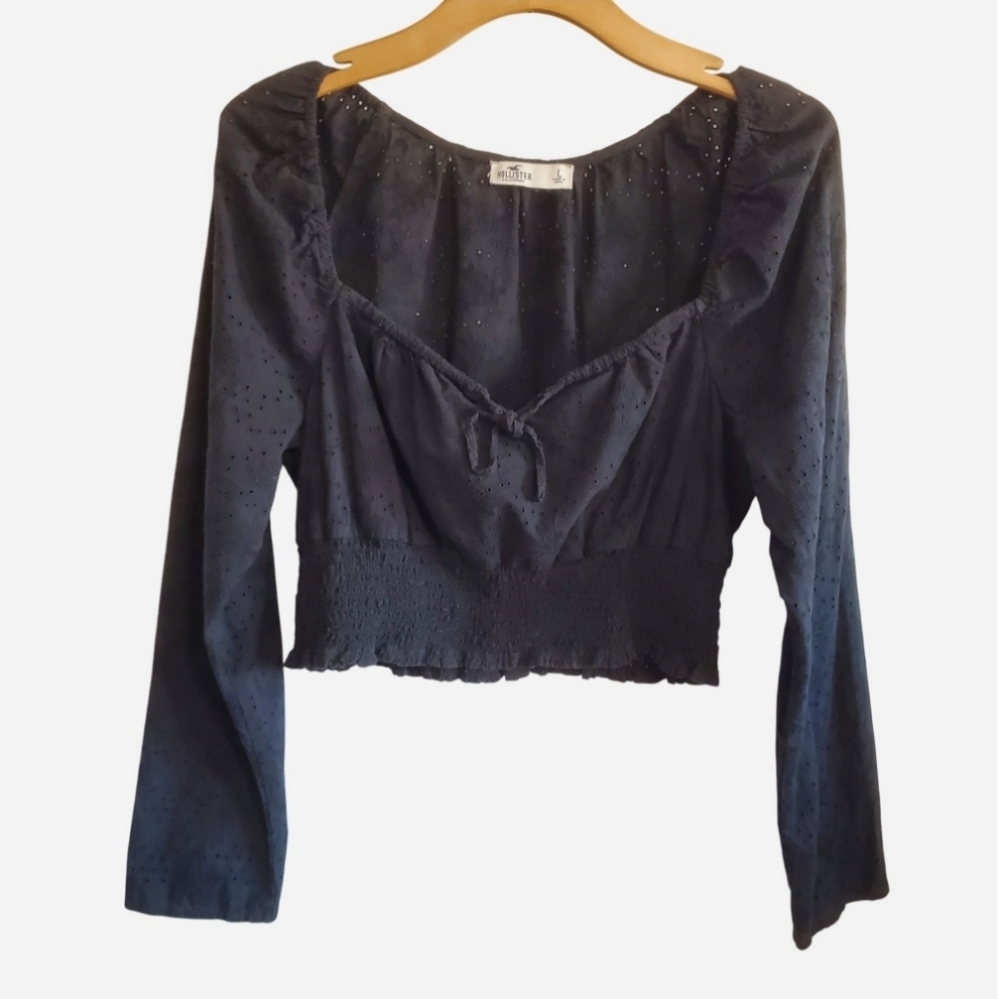 Hollister Black Eyelet Embroidered Flower Milkmaid Top Size L Coquette Cottage - Picture 2 of 13